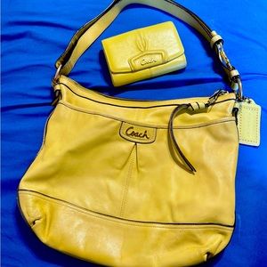 Lime/ yellow Coach bag and wallet.